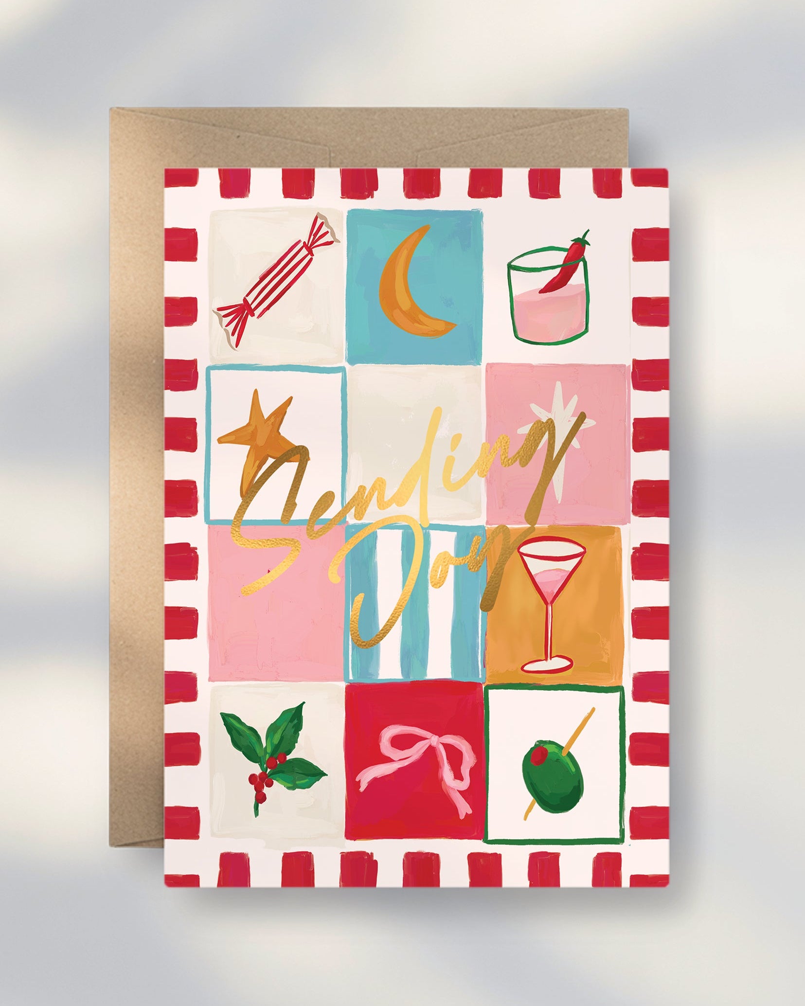 Greeting card with colorful design and 'Sending Joy' text on a striped border