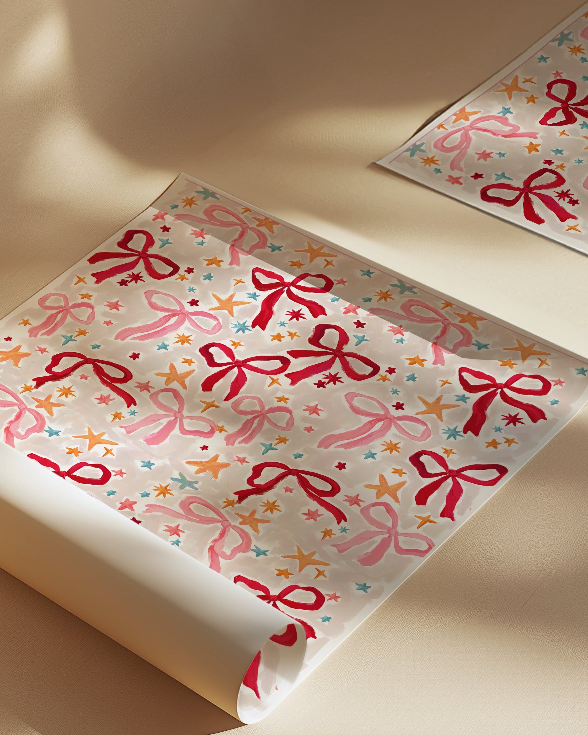 Roll of decorative paper with red bows and colorful stars on a beige surface